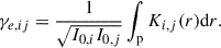 Mathematical equation: $$ \begin{aligned} \gamma _{e,ij}=\frac{1}{\sqrt{I_{0,i}I_{0,j}}}\int _{\rm p}K_{i,j}(r){\mathrm{d} }r. \end{aligned} $$