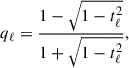 Mathematical equation: $$ \begin{aligned} q_\ell =\frac{1-\sqrt{1-t_\ell ^2}}{1+\sqrt{1-t_\ell ^2}}, \end{aligned} $$