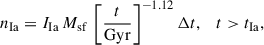 Mathematical equation: $$ \begin{aligned} n_{\rm Ia}=I_{\rm Ia}\, M_{\rm sf}\,\left[\frac{t}{\mathrm{Gyr}}\right]^{-1.12}\Delta t,\quad t>t_{\rm Ia}, \end{aligned} $$