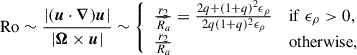 Mathematical equation: $$ \begin{aligned} \mathrm{Ro} \sim \frac{|({\boldsymbol{u}} \cdot {\boldsymbol{\nabla }}) {\boldsymbol{u}}|}{|\boldsymbol{\Omega } \times {\boldsymbol{u}}|} \sim {\left\{ \begin{array}{ll} \frac{r_2}{\widetilde{R_a}} = \frac{2q + (1+q)^2 \epsilon _\rho }{2q (1+q)^2 \epsilon _\rho }&\mathrm{if}\; \epsilon _\rho > 0, \\ \frac{r_2}{R_a}&\mathrm{otherwise}, \end{array}\right.} \end{aligned} $$