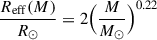 Mathematical equation: $$ \frac{R_{\rm eff}(M)}{R_\odot } = 2\Big (\frac{M}{M_\odot }\Big )^{0.22} $$