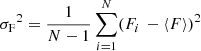 Mathematical equation: $ {\sigma_{\mathrm{F}}}^2 = \frac{1}{N-1}\sum_{i=1}^{N}(F_i\,-{\langle}F{\rangle})^2 $