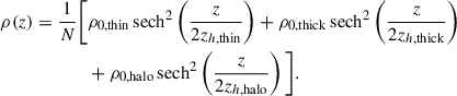Mathematical equation: $$ \begin{aligned} \rho (z) = \frac{1}{N} \bigg [&\rho _{0,\mathrm{thin} } \, \mathrm{sech} ^2\left(\frac{z}{2 z_{h,\mathrm{thin} }}\right) + \rho _{0,\mathrm{thick} } \, \mathrm{sech} ^2\left(\frac{z}{2 z_{h,\mathrm{thick} }}\right) \nonumber \\&+ \rho _{0,\mathrm{halo} } \, \mathrm{sech} ^2\left(\frac{z}{2 z_{h,\mathrm{halo} }}\right) \bigg ]. \end{aligned} $$