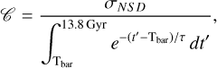 Mathematical equation: $\[\mathscr{C}=\frac{\sigma_{N S D}}{\int_{\mathrm{T}_{\mathrm{bar}}}^{13.8 \mathrm{Gyr}} e^{-\left(t^{\prime}-\mathrm{T}_{\mathrm{bar}}\right) / \tau} d t^{\prime}},\]$
