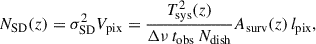 Mathematical equation: $$ \begin{aligned} N_\mathrm{SD} (z) = \sigma _\mathrm{SD} ^2 V_\mathrm{pix} = \dfrac{T_\mathrm{sys} ^2(z)}{\Delta \nu \,t_\mathrm{obs} \,N_\mathrm{dish} } A_\mathrm{surv} (z) \,l_\mathrm{pix} , \end{aligned} $$