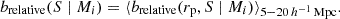 Mathematical equation: $$ \begin{aligned} b_{\rm relative}(S \mid M_i) = \langle b_{\rm relative}(r_{\rm p}, S \mid M_i) \rangle _{5{-}20 \, h^{-1} \, \mathrm{Mpc}}. \end{aligned} $$