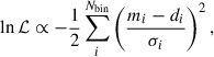 Mathematical equation: $$ \begin{aligned} \ln \mathcal{L} \propto -\frac{1}{2} \sum _i^{N_\mathrm{bin} }\left(\frac{m_i-d_i}{\sigma _i}\right)^2, \end{aligned} $$