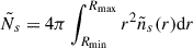 Mathematical equation: $$ \begin{aligned} \tilde{N}_s = 4 \pi \int _{R_\mathrm{min} }^{R_\mathrm{max} } r^2 \tilde{n}_s(r) \mathrm{d} r \end{aligned} $$
