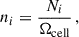 Mathematical equation: $$ \begin{aligned} n_i = \frac{N_i}{\Omega _{\mathrm{cell}}} \,, \end{aligned} $$