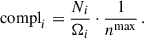 Mathematical equation: $$ \begin{aligned} \mathrm{compl}_i = \frac{N_i}{\Omega _i} \cdot \frac{1}{n^{\mathrm{max}}} \,. \end{aligned} $$