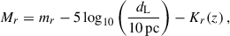 Mathematical equation: $$ \begin{aligned} M_r = m_r - 5 \log _{10} \left( \frac{d_{\rm L}}{10\,\mathrm{pc}} \right) - K_r(z) \,, \end{aligned} $$