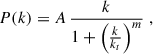 Mathematical equation: $$ \begin{aligned} P(k) = A \, \frac{k}{1 + \left( \frac{k}{k_t} \right)^{m}} \; , \end{aligned} $$