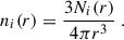 Mathematical equation: $$ \begin{aligned} n_i(r) = \frac{3N_i(r)}{4\pi r^3} \;. \end{aligned} $$
