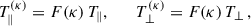 Mathematical equation: $$ \begin{aligned} T^{(\kappa )}_\parallel =F(\kappa )\,T_\parallel ,\qquad T^{(\kappa )}_\perp =F(\kappa )\,T_\perp \, ,\end{aligned} $$