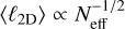 Mathematical equation: $\[\left\langle\ell_{2 \mathrm{D}}\right\rangle \propto N_{\text {eff}}^{-1 / 2}\]$