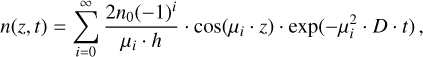 Mathematical equation: $\[n(z, t)=\sum_{i=0}^{\infty} \frac{2 n_0(-1)^i}{\mu_i \cdot h} \cdot ~\cos \left(\mu_i \cdot z\right) \cdot ~\exp \left(-\mu_i^2 \cdot D \cdot t\right),\]$