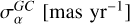Mathematical equation: $\sigma_{\alpha}^{GC}\,\,[\mathrm{mas}\,\,\mathrm{yr}^{-1}]$