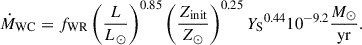 Mathematical equation: $$ \begin{aligned} \dot{M}_{\mathrm{WC}}=f_{\mathrm{WR}}\left(\frac{L}{L_{\odot }}\right)^{0.85}\left(\frac{Z_{\mathrm{init}}}{Z_{\odot }}\right)^{0.25} {Y_{\rm S}}^{0.44} 10^{-9.2} \frac{M_{\odot }}{\mathrm{yr}} . \end{aligned} $$