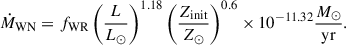 Mathematical equation: $$ \begin{aligned} \dot{M}_{\mathrm{WN}}=f_{\mathrm{WR}}\left(\frac{L}{L_{\odot }}\right)^{1.18}\left(\frac{Z_{\mathrm{init}}}{Z_{\odot }}\right)^{0.6} \times 10^{-11.32} \frac{M_{\odot }}{\mathrm{yr}}. \end{aligned} $$