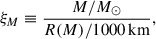 Mathematical equation: $$ \begin{aligned} \xi _M \equiv \frac{M / M_{\odot }}{R(M) / 1000\,\mathrm{km}}, \end{aligned} $$