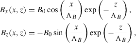 Mathematical equation: $$ \begin{aligned} B_x(x,z)&= B_0\cos \left(\displaystyle \frac{x}{\Lambda _B} \right)\exp \left(-\displaystyle \frac{z}{\Lambda _B} \right),\nonumber \\ B_z(x,z)&= -B_0\sin \left(\displaystyle \frac{x}{\Lambda _B} \right)\exp \left(-\displaystyle \frac{z}{\Lambda _B} \right), \end{aligned} $$