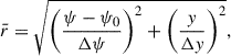 Mathematical equation: $$ \begin{aligned} \bar{r}= \sqrt{\left(\displaystyle \frac{\psi -\psi _0}{\Delta \psi }\right)^2+\left(\displaystyle \frac{y}{\Delta y}\right)^2}, \end{aligned} $$