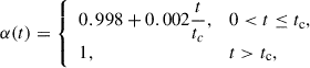 Mathematical equation: $$ \begin{aligned} \alpha (t) = \left\{ \begin{array}{ll} 0.998+0.002\displaystyle \frac{t}{t_c},&0 < t \le t_{\rm c}, \\ 1,&t > t_{\rm c}, \end{array} \right. \end{aligned} $$