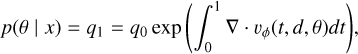 Mathematical equation: p(\theta \mid x)= q_1 = q_0 \exp{\left( \int_0^1 \nabla \cdot v_{\phi}(t, d, \theta)dt \right)},