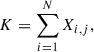 Mathematical equation: $$ \begin{aligned} K = \sum _{i=1}^N X_{i,j}, \end{aligned} $$