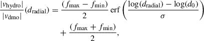 Mathematical equation: $$ \begin{aligned} \begin{aligned} \frac{|v_{\rm hydro}|}{|v_{\rm dmo}|}(d_{\rm radial}) =&\ \frac{(f_{\max } - f_{\min })}{2}\, \mathrm{erf}\left(\frac{\log (d_{\rm radial}) - \log (d_0)}{\sigma }\right) \\&+ \frac{(f_{\max } + f_{\min })}{2}, \end{aligned} \end{aligned} $$