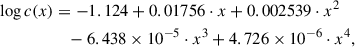 Mathematical equation: $$ \begin{aligned} \log c(x)&= - 1.124+ 0.01756\cdot x + 0.002539\cdot x^{2} \nonumber \\&\quad - 6.438\times 10^{-5}\cdot x^{3} +4.726\times 10^{-6}\cdot x^{4}, \end{aligned} $$