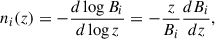 Mathematical equation: $$ \begin{aligned} n_{i}(z) = -\frac{d \log B_{i}}{d \log z} = -\frac{z}{B_{i}}\frac{dB_{i}}{dz}, \end{aligned} $$