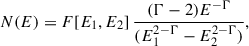 Mathematical equation: $$ \begin{aligned} N(E) = F[E_1,E_2]\,\frac{(\Gamma -2)E^{-\Gamma }}{(E_1^{2-\Gamma }-E_2^{2-\Gamma })}, \end{aligned} $$