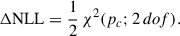 Mathematical equation: $$ \begin{aligned} \Delta \mathrm{NLL} =\frac{1}{2}\,\chi ^2(p_c;2\,dof). \end{aligned} $$