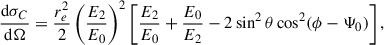 Mathematical equation: $$ \begin{aligned} \frac{\mathrm{d}\sigma _C}{\mathrm{d}\Omega } = \frac{r_e^2}{2} \left(\frac{E_2}{E_0}\right)^2 \left[\frac{E_2}{E_0} + \frac{E_0}{E_2} - 2 \sin ^2\theta \cos ^2(\phi -\Psi _0) \right], \end{aligned} $$