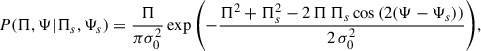 Mathematical equation: $$ \begin{aligned} P(\Pi ,\Psi |\Pi _s,\Psi _s) = \frac{\Pi }{\pi \sigma _0^2} \exp {\left( -\frac{\Pi ^2+\Pi _s^2-2\,\Pi \,\Pi _s \cos {(2(\Psi -\Psi _s))}}{2\,\sigma _0^2}\right)}, \end{aligned} $$