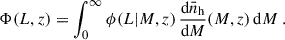 Mathematical equation: $$ \begin{aligned} \Phi (L,z) = \int _0^\infty \phi (L|M,z)\, \frac{\mathrm{d} \bar{n}_{\rm h}}{\mathrm{d} M}(M,z)\, \mathrm{d} M \ . \end{aligned} $$