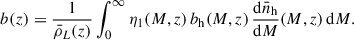 Mathematical equation: $$ \begin{aligned} b(z) = \frac{1}{\bar{\rho }_L(z)} \int _0^\infty \eta _1(M,z)\, b_{\rm h}(M,z)\, \frac{\mathrm{d} \bar{n}_{\rm h}}{\mathrm{d} M}(M,z)\, \mathrm{d} M. \end{aligned} $$
