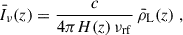 Mathematical equation: $$ \begin{aligned} \bar{I}_\nu (z) = \frac{c}{4\pi H(z)\, \nu _{\rm rf}}\, \bar{\rho }_{\rm L}(z) \ , \end{aligned} $$