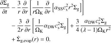 Mathematical equation: $\[\begin{aligned}\frac{\partial \Sigma_{\mathrm{g}}}{\partial t} & -\frac{3}{r} \frac{\partial}{\partial r}\left[\frac{1}{r \Omega_{\mathrm{K}}} \frac{\partial}{\partial r}\left[\alpha_{\mathrm{SS}} c_{\mathrm{s}}^2 r^2 \Sigma_{\mathrm{g}}\right]\right] \\& -\frac{3}{2 r} \frac{\partial}{\partial r}\left[\frac{1}{\Omega_{\mathrm{K}}} \alpha_{\mathrm{DW}} c_{\mathrm{s}}^2 \Sigma_{\mathrm{g}}\right]+\frac{3}{4} \frac{\alpha_{\mathrm{DW}} c_{\mathrm{s}}^2 \Sigma_{\mathrm{g}}}{(\lambda-1) \Omega_{\mathrm{K}} r^2} \\& +\dot{\Sigma}_{\mathrm{g}, \text {evap}}(r)=0.\end{aligned}\]$