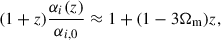 Mathematical equation: $$ \begin{aligned} (1+z)\frac{\alpha _i(z)}{\alpha _{i,0}}\approx 1 + (1-3\Omega _{\rm m})z, \end{aligned} $$