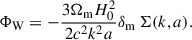 Mathematical equation: $$ \begin{aligned} \Phi _{\rm W}=-\frac{3\Omega _{\rm m}H_0^2}{2c^2k^2a}\delta _{\rm m}\,\Sigma (k,a). \end{aligned} $$