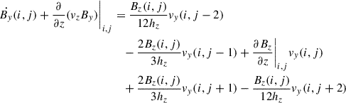 Mathematical equation: $$ \begin{aligned} \dot{B_y}(i,j) + \frac{\partial }{\partial z}(v_{z}B_{y})\Bigg |_{i,j}&= \frac{B_{z}(i,j)}{12 h_{z}} v_{y}(i,j-2) \nonumber \\&\quad - \frac{2 B_{z}(i,j)}{3 h_{z}} v_{y}(i,j-1) + \frac{\partial B_{z}}{\partial z}\Bigg |_{i,j} v_{y}(i,j) \nonumber \\&\quad + \frac{2 B_{z}(i,j)}{3 h_{z}} v_{y}(i,j+1) -\frac{B_{z}(i,j)}{12 h_{z}} v_{y}(i,j+2)\end{aligned} $$