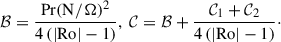 Mathematical equation: $$ \begin{aligned} \mathcal{B} = \frac{\mathrm{Pr}{(\mathrm{N}/ \Omega )^2}}{4\left(|\mathrm{Ro}| - 1\right)}, \; \mathcal{C} = \mathcal{B} + \frac{\mathcal{C} _1 + \mathcal{C} _2}{4\left(|\mathrm{Ro}| - 1\right)}\cdot \end{aligned} $$