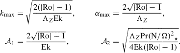 Mathematical equation: $$ \begin{aligned} \begin{aligned} k_{\rm max}&= \sqrt{\dfrac{2(\vert \mathrm{Ro}\vert -1)}{\Lambda _Z \mathrm{Ek}}},&\qquad \alpha _{\rm max}&= \dfrac{2\sqrt{\vert \mathrm{Ro}\vert -1}}{\Lambda _Z}, \\ \mathcal{A} _1&= \dfrac{2\sqrt{\vert \mathrm{Ro}\vert -1}}{\mathrm{Ek}},&\qquad \mathcal{A} _2&= \sqrt{\dfrac{\Lambda _Z \mathrm{Pr}{(\mathrm{N}/ \Omega )^2}_\star }{4 \mathrm{Ek}(\vert \mathrm{Ro}\vert -1)}}. \end{aligned} \end{aligned} $$