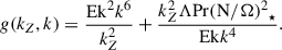 Mathematical equation: $$ \begin{aligned} g(k_Z,k) = \dfrac{\mathrm{Ek}^2k^6}{k_Z^2} + \dfrac{k_Z^2 \Lambda \mathrm{Pr}{(\mathrm{N}/ \Omega )^2}_\star }{\mathrm{Ek}k^4}. \end{aligned} $$