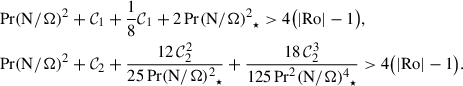 Mathematical equation: $$ \begin{aligned} \begin{aligned}&\mathrm{Pr}{(\mathrm{N}/ \Omega )^2}+ \mathcal{C} _1 + \dfrac{1}{8} \mathcal{C} _1 + 2\,\mathrm{Pr}{(\mathrm{N}/ \Omega )^2}_\star > 4\big (|\mathrm{Ro}| - 1\big ),\\&\mathrm{Pr}{(\mathrm{N}/ \Omega )^2}+ \mathcal{C} _2 + \frac{12\,\mathcal{C} _2^2}{25\,\mathrm{Pr}{(\mathrm{N}/ \Omega )^2}_\star } + \frac{18\,\mathcal{C} _2^3}{125\,\mathrm{Pr}^2 {(\mathrm{N}/ \Omega )^4}_\star } > 4\big (|\mathrm{Ro}| - 1\big ). \end{aligned} \end{aligned} $$