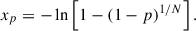 Mathematical equation: $$ \begin{aligned} x_p = - \ln \left[1-(1-p)^{1/N}\right]. \end{aligned} $$