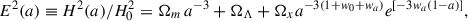 Mathematical equation: $$ \begin{aligned}&E^2(a)\equiv H^2(a)/H_0^2=\Omega _m\,a^{-3} + \Omega _{\Lambda } + \Omega _xa^{-3(1+w_0+w_a)} e^{ \left[ -3w_a (1-a) \right] }, \end{aligned} $$