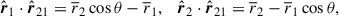 Mathematical equation: $$ \begin{aligned} \hat{\boldsymbol{r}}_1 \cdot \hat{\boldsymbol{r}}_{21} = \overline{r}_2 \cos \theta - \overline{r}_1, \quad \hat{\boldsymbol{r}}_2 \cdot \hat{\boldsymbol{r}}_{21} = \overline{r}_2 - \overline{r}_1 \cos \theta , \end{aligned} $$